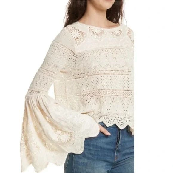 Free People Women’s Lace Once Upon a Time Ivory Top Sz XS Oversized Crochet Boho - Picture 2 of 9
